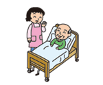 ベットに寝ているおじいさんと介護している女性のイラスト